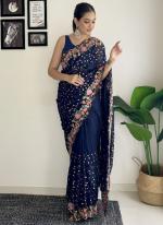 Georgette Blue Daily Wear Embroidery Work Saree